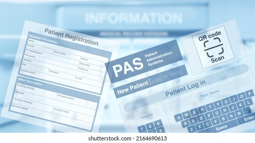 PAS Or Patient Administration System Screen And Blank Medical Record Form Showing On Blue Tone Of Hospital Information Counter For Medical And Health Background.