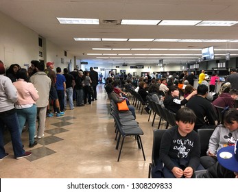 Pasadena, CA: February 8, 2019:  A California Department of Motor Vehicles (DMV) office in California. The California Department of Motor Vehicles is the agency in charge of driver's licenses and IDs.