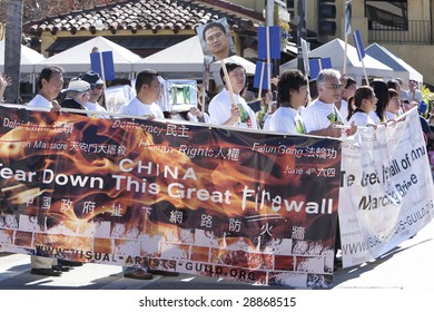 PASADENA, CA - JANUARY 18:  Protesters march against China's censorship of the internet at the Doo Dah Parade on January 18, 2009 in Pasadena.
