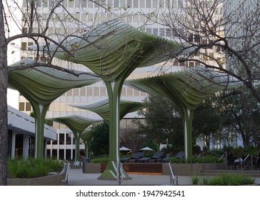 Pasadena, CA, USA - April 1, 2021: this image shows the juxtaposition of architectural art and modern office buildings in the South Lake Business District in the City of Pasadena.