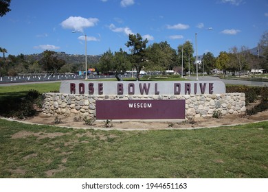 PASADENA, CA USA - March 26, 2021: Rose Bowl Stadium And Logo. The Rose Bowl Located In Pasadena California Is A United States Outdoor Foot Ball And Sports Stadium. Entrance Sign. Editorial Use Only.