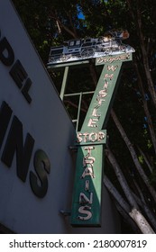 Pasadena, California - August 31, 2020: A Neon Sign For Whistle Stop Train Store, For Hobbyists. 