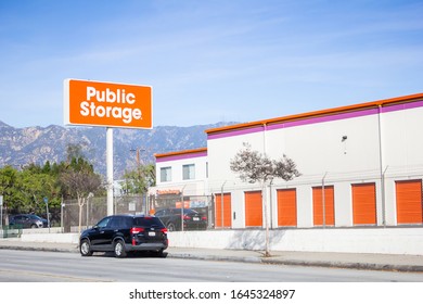 Pasadena, California, United States - 01-31-2020: A View Of A Street Side Sign And Buildings For A Local Public Storage Facility. 