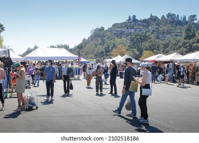 Pasadena, California, United States - 10-25-2021: A View Of A People Walking Around The Rose Bowl Flea Market.