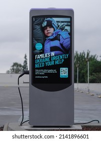 Pasadena, California, USA - April 2, 2022:  Image Of A Free Electric Car Charging Station Displaying A Message Of Solidarity With The Ukranian People. 