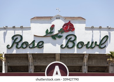 PASADENA, CALIFORNIA, USA - June 28, 2014:  Historic Rose Bowl Stadium Sign In Pasadena Near Los Angeles, California.  