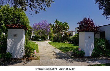 Pasadena, California USA - May 7, 2022: Bungalow Court Structures On Euclid Street, Built In The 1920s, In Spanish Colonial Revival Style.