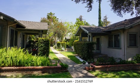 Pasadena, California USA - May 7, 2022: Shafer Court Is A Charming 1921 English Cottage Style Bungalow Court Complex On Euclid Street.