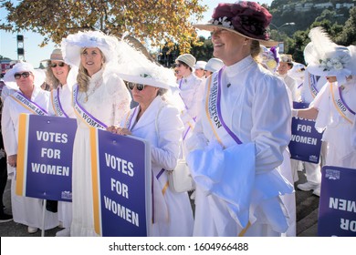 Pasadena, California/USA-December 31, 2019: Women Prepare To March Behind Rose Parade Float To Kick Off 2020 Centennial  Tribute To Suffragists