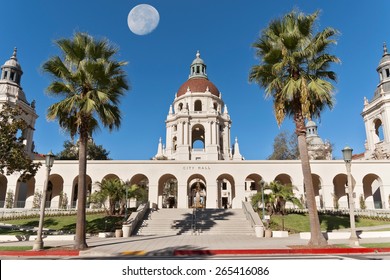 Pasadena City Hall main tower and arcade, east entrance, and setting moon. The Pasadena City Hall is an iconic building in Pasadena, California, United States - Shutterstock ID 265416086