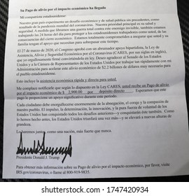 Pasadena, MD / USA - June 1, 2020: The US President Donald Trump Signed Letter In Spanish. Explaining About  Stimulus Response To The Coronavirus.   