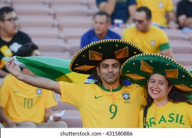 Pasadena, USA - June 04, 2016: Brazilian Soccer Fans During Copa America Centenario Match Brazil Vs Ecuador At The Rose Bowl Stadium.