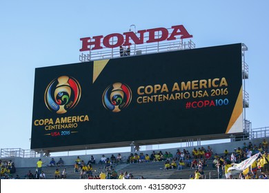 Pasadena, USA - June 04, 2016: Soccer Scoreboard During Copa America Centenario Match Brazil Vs Ecuador At The Rose Bowl Stadium.