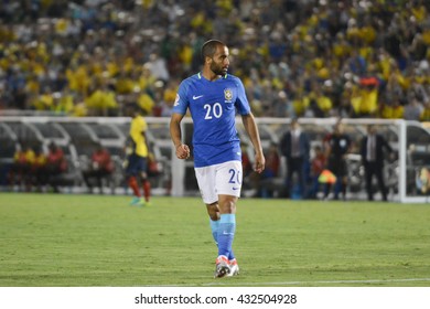 Pasadena, USA - June 04, 2016:  Brazilian Soccer Lucas During Copa America Centenario Match Brazil Vs Ecuador At The Rose Bowl Stadium.