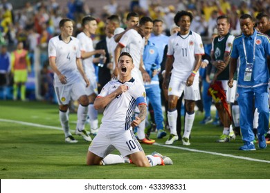 Pasadena, USA - June 07, 2016: James Rodriguez Celebrates A Goal Scored During Copa America Centenario Match Colombia Vs Paraguay At The Rose Bowl Stadium.