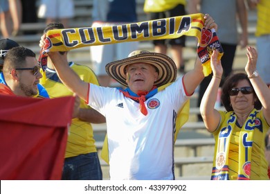 Pasadena, USA - June 07, 2016: Colombia National Team  Fan During Copa America Centenario Match Colombia Vs Paraguay At The Rose Bowl Stadium.