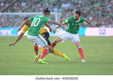 Pasadena, USA - June 09, 2016: Soccer Players Fighting For The Ball During Copa America Centenario Match Mexico Vs Jamaica At The Rose Bowl Stadium.