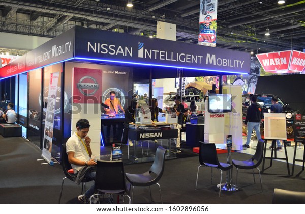 PASAY, PH - NOV. 16: Nissan Intelligent\
Mobility booth at Manila Auto Salon on November 16, 2019 in SMX\
Convention Center, Pasay, Philippines.\
