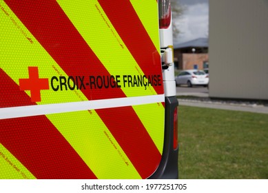 Pas-de-Calais, France-May 5 2021: A Detail Of The Rear Door Of An Emergency Vehicle Of The French Red Cross 