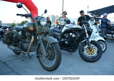 PASIG, PH - MAR. 9: Dark green Royal Enfield motorcycle at Ride Ph Cafe on March 9, 2019 in Pasig, Philippines. Ride Ph Cafe is a motorcycle exhibit in the Philippines.