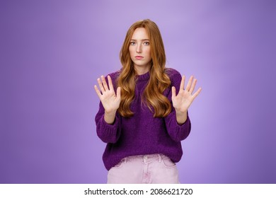 I Pass, Not Even Look At Me. Portrait Of Displeased Sorrow And Intense Redhead Woman Refusing Participate In Suspicious Plan Waving Hands Near Chest In Rejection Looking Serious At Camera