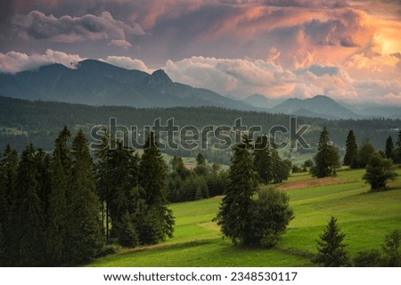 Similar – Image, Stock Photo Inspiring evening light in spring. Sunset in Mountains