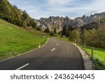 Pass road to Schwaegalp with view of the Alpstein with Saentis, Toggenburg, Canton of St. Gallen, Switzerland