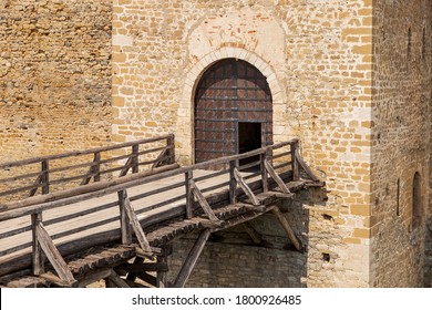 Passage to the medieval castle, main gate, the wooden bridge, the only door. Ancient fort.