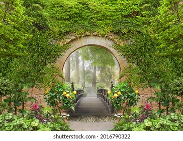 Passage to the summer sunny park through the arch with flowers - Shutterstock ID 2016790322