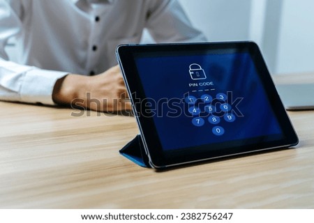 Passcode. digital mobile tablet display with pin code number on lock screen with business people background, digital marketing, cyber security, business finance, internet network technology concept