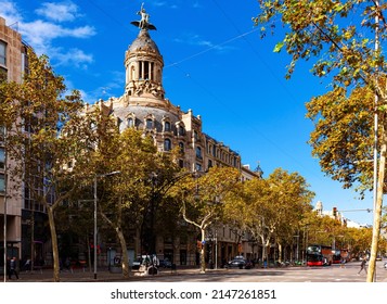 Passeig de Gracia street and The Union and the Phoenix building in Barcelona, Spain