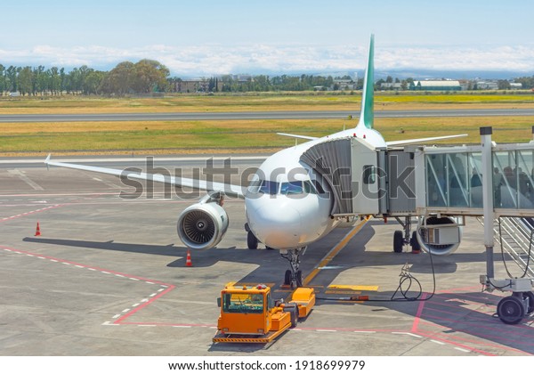 Passenger\
aircraft with boarding stairs, waiting for boarding passengers and\
baggage before the flight, summer airport\
trip