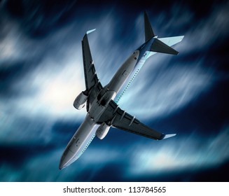 Passenger airplane falling from sky against stormy cloudscape