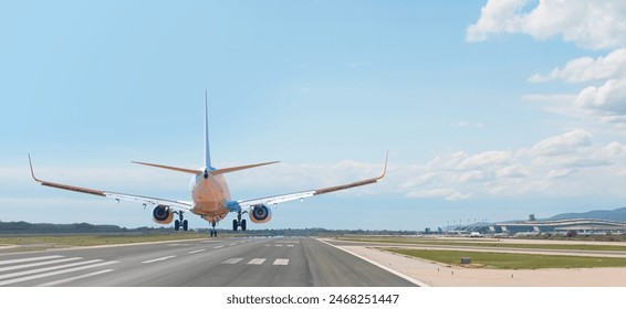 Passenger airplane landing to airport - 
Tire tracks of airplane tires left marks on the runway  - Powered by Shutterstock - Get 15% off with code: PIKWIZARD15