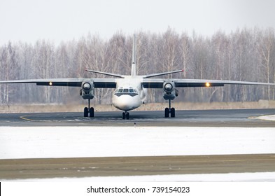 Passenger Airplane On The Airfield Winter Before Takeoff