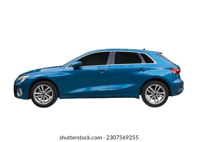 Passenger blue car isolated on a white background, with clipping path. Full Depth of field. Focus stacking, side view.