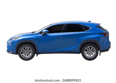 Passenger blue SUV car isolated on a white background, with clipping path. Full Depth of field. Focus stacking, side view. - Powered by Shutterstock