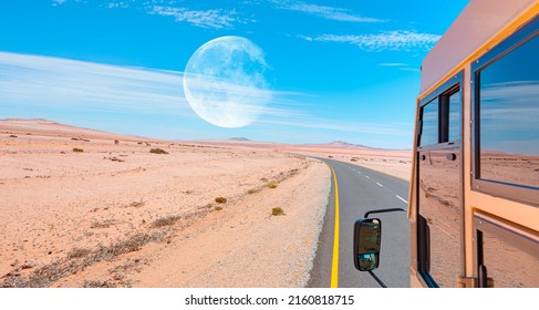 A Passenger Bus Is Driving Along The Road In The Background Blue Sky And Full Moon-Desert Landscape View Is Reflected In The Windows Of The Bus-Namibia, Africa