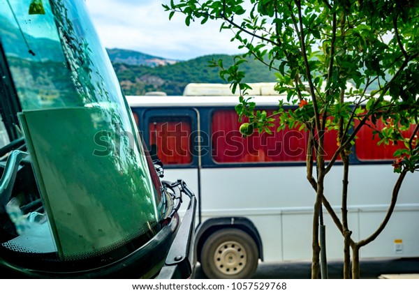 Passenger buses in the parking lot. Focus on the\
front window of the\
bus
