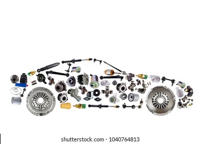 Passenger car assembled from new spare auto parts for shop aftermarket. Isolated on white background. - Shutterstock ID 1040764813