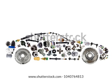 Passenger car assembled from new spare auto parts for shop aftermarket. Isolated on white background.