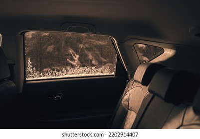 Passenger Car Interior. Backseat. Winter Outside. Icing On Glass.