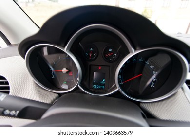 Passenger car speedometer. Car interior from the inside.