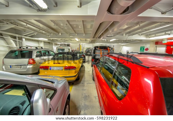 Passenger\
cars in the interior of marine ferry in\
Europe