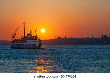 Passenger Ferry In The Bosphorus At Sunset, Istanbul, Turkey