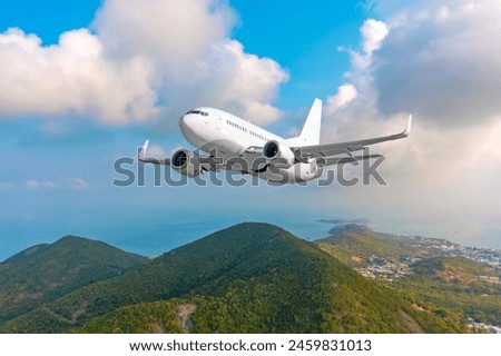 Passenger jet plane flying over beautiful island blue ocean in purity destination sea beach use for summer holiday vacation traveling.