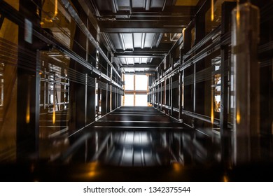The passenger lift shaft seen from the glass cabin, a glazed roof at the top.
 - Shutterstock ID 1342375544