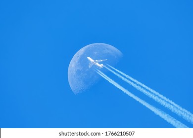 Passenger Plane - Airliner Passes Near The Moon. Explore New Frontier. Space Traveler Concept