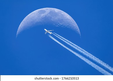 Passenger Plane - Airliner Passes Near The Moon. Explore New Frontier. Space Traveler Concept