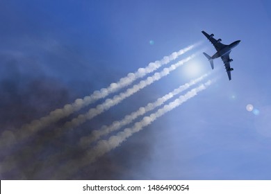 Passenger plane flies in front of blue sky and leaves contrails